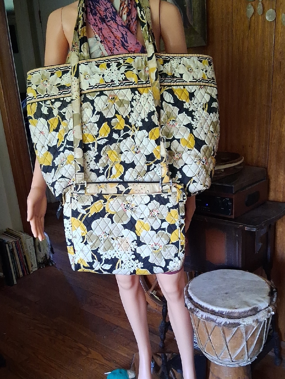 Vera Bradley 2pc Set Yellow Black Floral "Dogwood" Quilted Tote and Crossbody